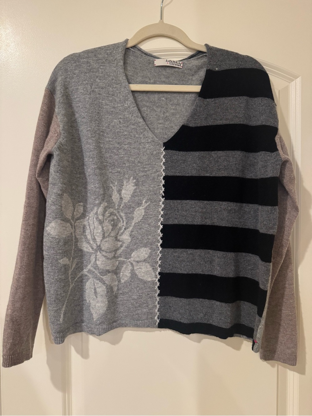 Label + Thread Mixed-Pattern V-Neck Cashmere Sweater in Gray and Black